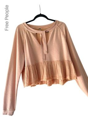 FREE PEOPLE SWEET JANE SWEATSHIRT LIKE NEW PEPLUM TOP TIE NECK SHELL PINK LARGE